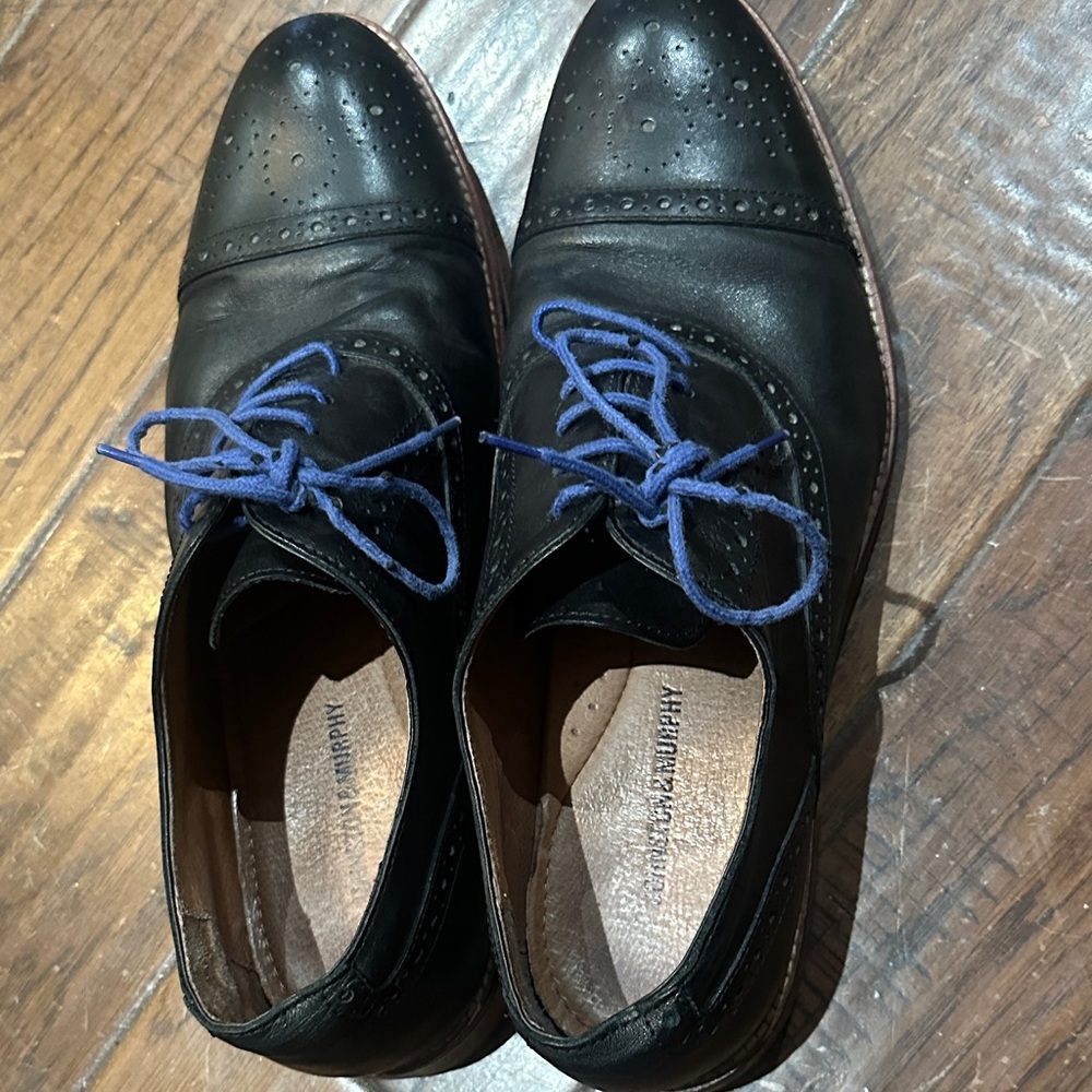 Johnston & Murphy Black Leather Oxfords‎ with Blue Laces